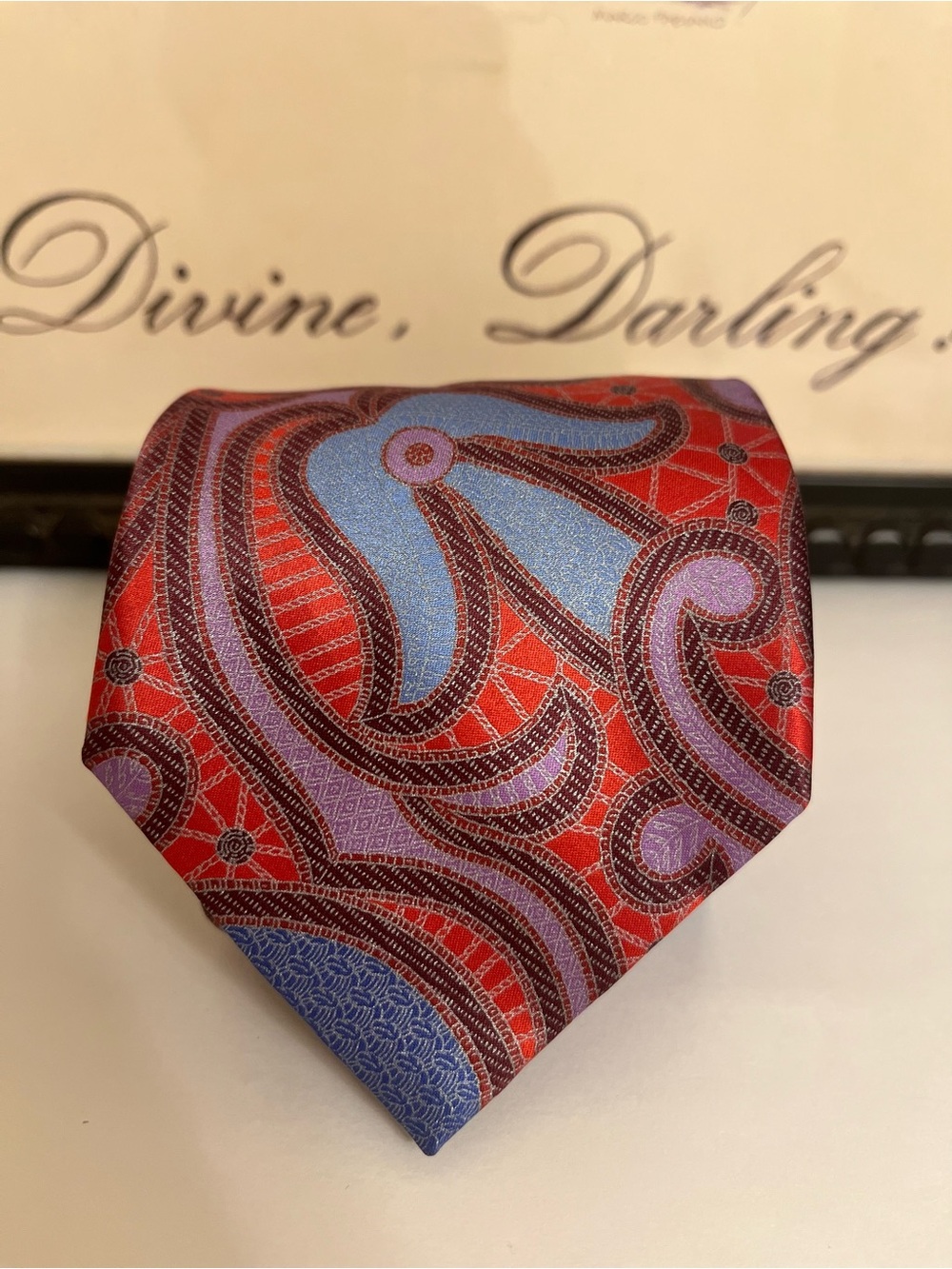 Ermenegildo Zegna Red Silk Paisley Tie with Blue and Purple Accents